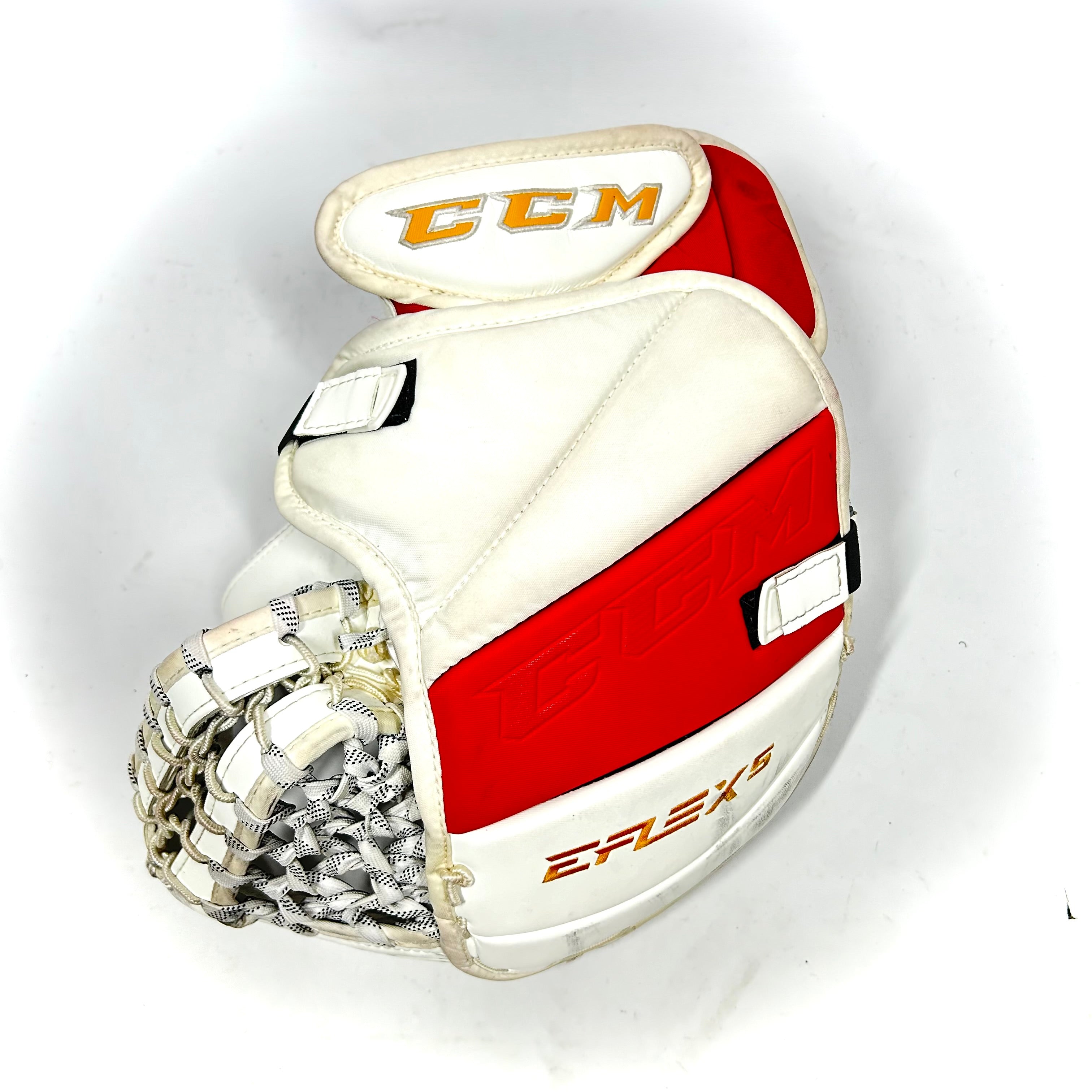 CCM Extreme Flex 5 - Gant de gardien de but CHL Pro Stock d'occasion (blanc/rouge/jaune) - V2